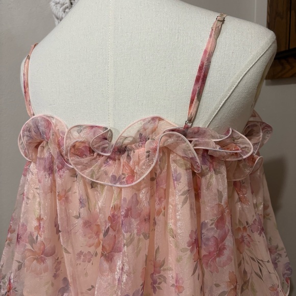 Pink Floral Chiffon Camisole Top Ruffle Tiered Spaghetti Strap Size Large - Picture 5 of 8